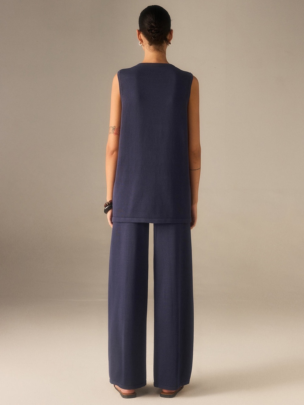 COMMENSE Golden Button Knit Vest Pants Set XL navy wide leg sleeveless high rise - Picture 4 of 16